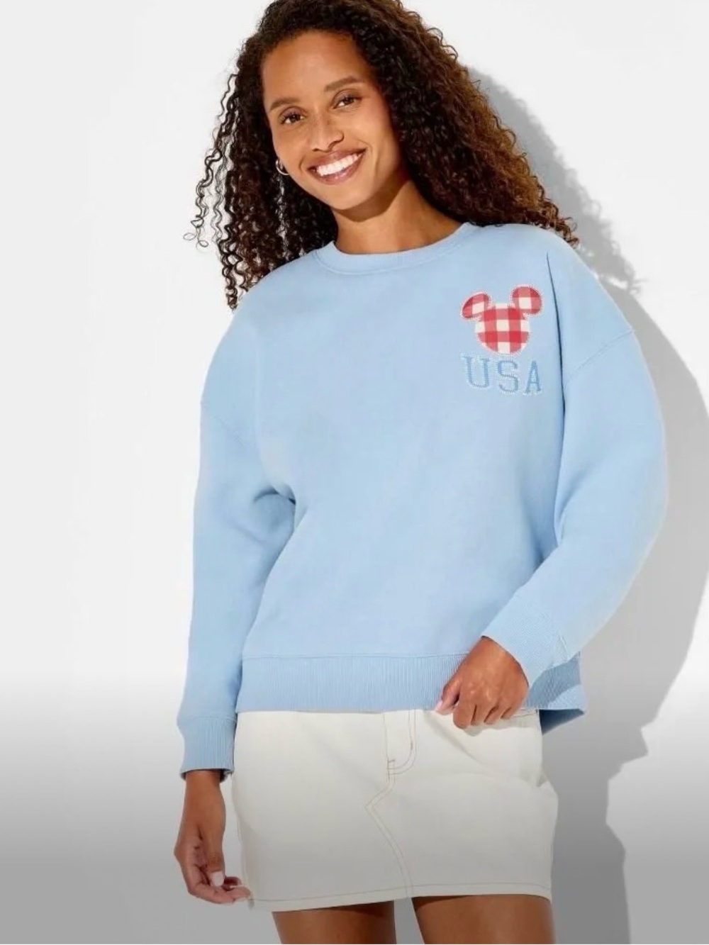 Disney Light Blue Crewneck Sweatshirt with Red Gingham Mickey Patch